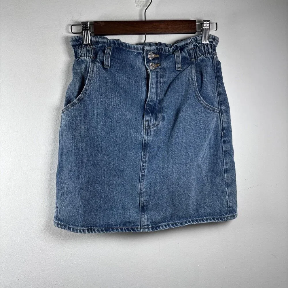 MNG by Mango Women’s Denim Mini Skirt XS Blue High Rise Paperbag Waist Y2K